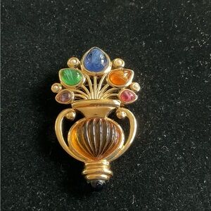 Vintage Ultima Edizione Signed Flower Pot Brooch W/ Carved Glass Cabochons-Rare!